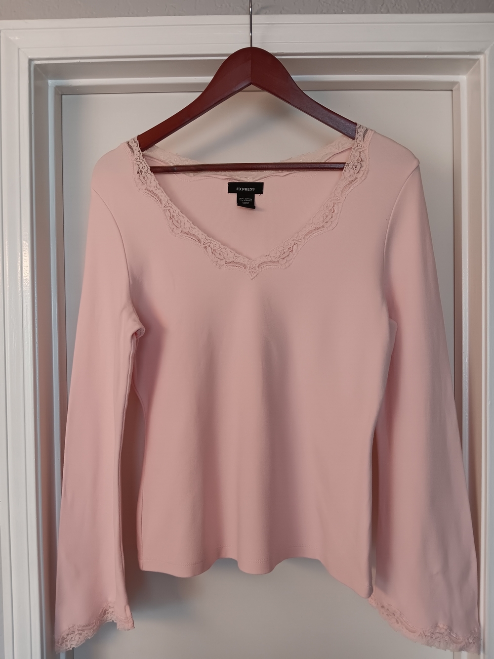 Express Women's Lace Trim Pink V-Neck Long Sleeve Top With Flare Sleeves